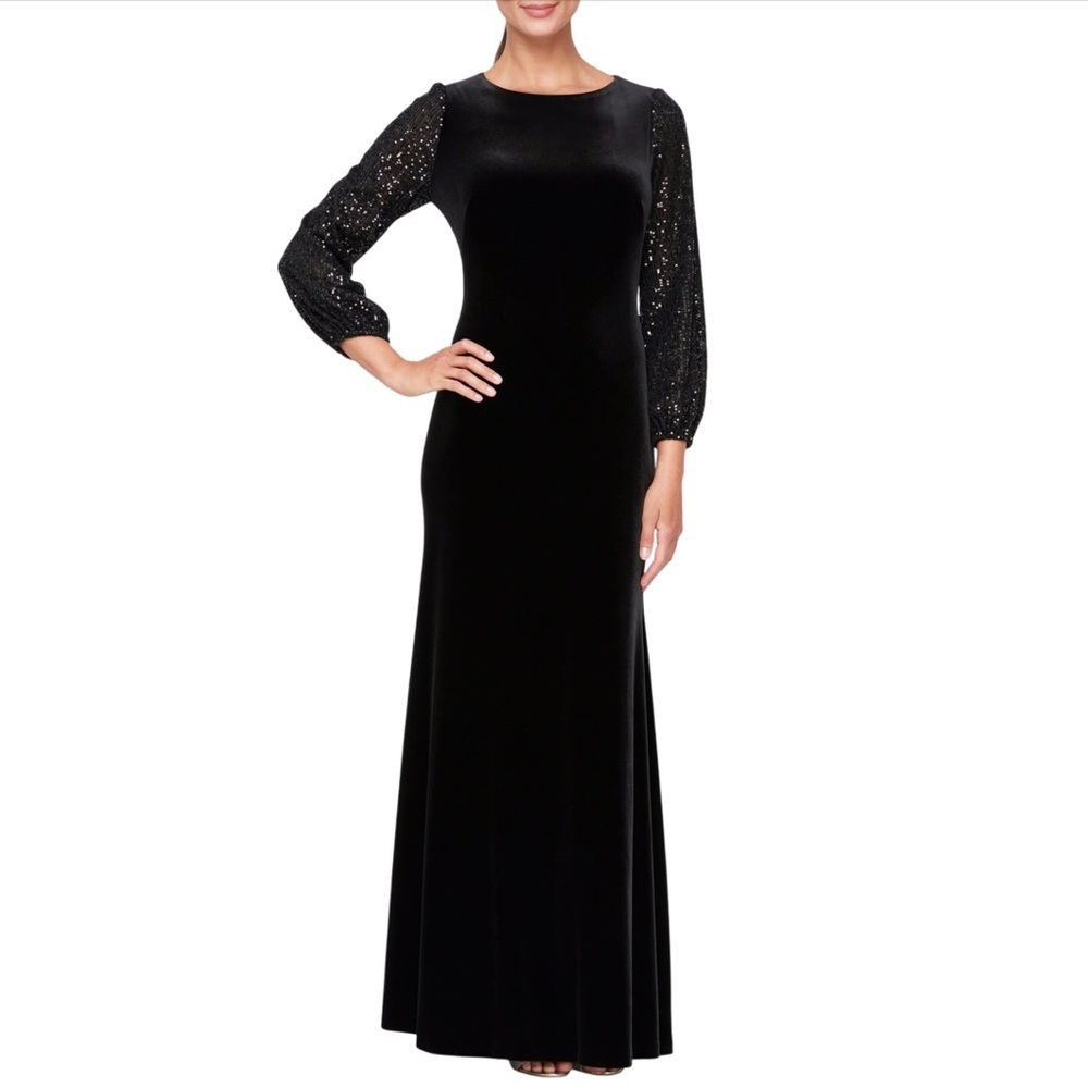 Alex Evenings Black Sequin And Velvet Long Sleeve Gown A Line Size 10